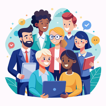 Diverse group of people using a laptop together.のイラスト素材