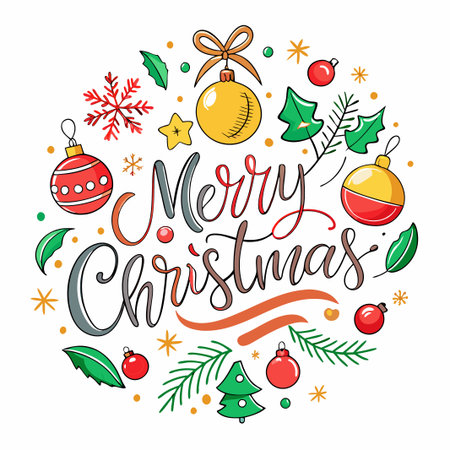 Merry Christmas greeting card with ornaments and festive elements.のイラスト素材