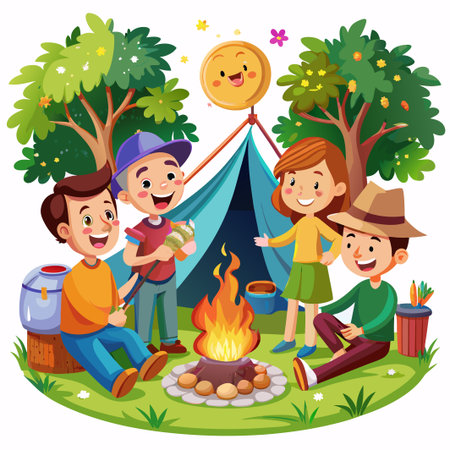 Happy friends camping in the woods, roasting marshmallows, and enjoying the fire.のイラスト素材