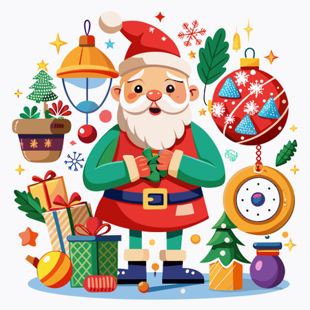 Cheerful Santa Claus with presents and Christmas decorations.のイラスト素材
