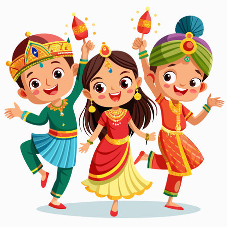 Three smiling children in traditional Indian clothing holding festive items.のイラスト素材