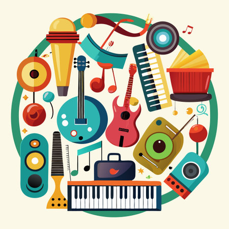 Colorful music instruments and audio equipment in a circle.のイラスト素材