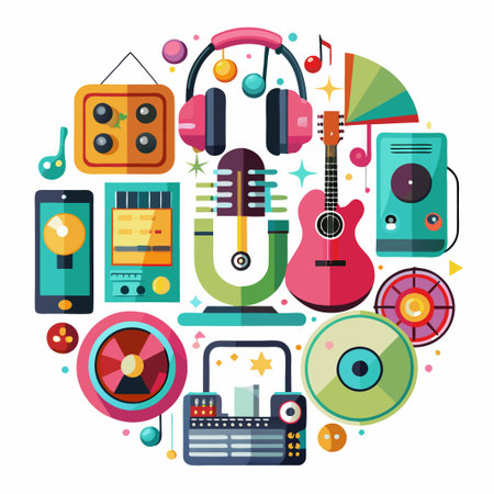 Colorful music icons in a circle with microphone, guitar, headphones and others.のイラスト素材