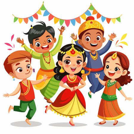 Five smiling children in traditional clothing celebrating with colorful flags above.のイラスト素材