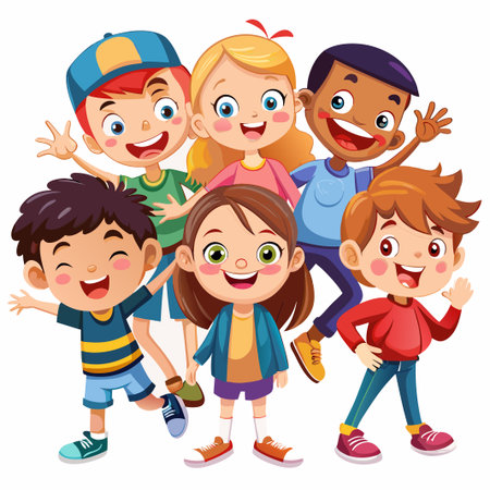 Six happy cartoon children standing together and smiling.のイラスト素材