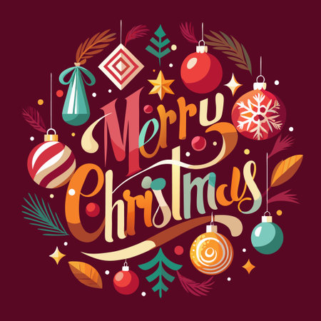 A festive illustration with the words 'Merry Christmas' surrounded by Christmas ornaments and other holiday decorations.のイラスト素材