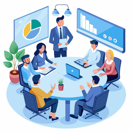 Business team gathered around a table for a meeting, discussing ideas and strategies.のイラスト素材