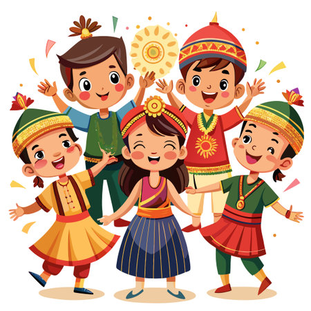 Five smiling children in traditional clothing celebrate with confetti.のイラスト素材