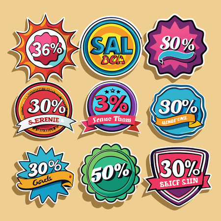 Set of nine colorful discount stickers with different shapes and designs.のイラスト素材