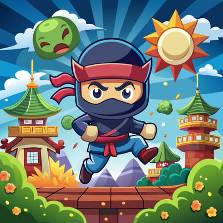 Cartoon ninja character jumping over a wooden platform in a Japanese-style landscape.のイラスト素材