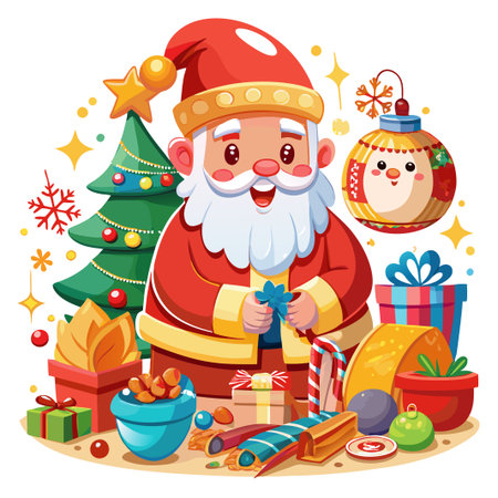 Santa Claus with a Christmas tree, gifts and ornaments.のイラスト素材