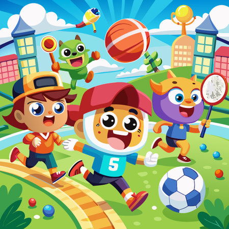 Cartoon kids playing sports outside with a trophy and a ball.のイラスト素材