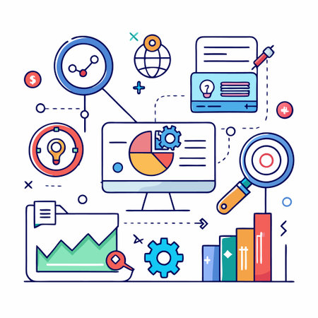Illustration of data analysis and business intelligence with charts, graphs, and icons.のイラスト素材