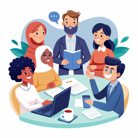 Diverse group of people having a meeting around a table, one person is using a laptop, another is holding a book.のイラスト素材