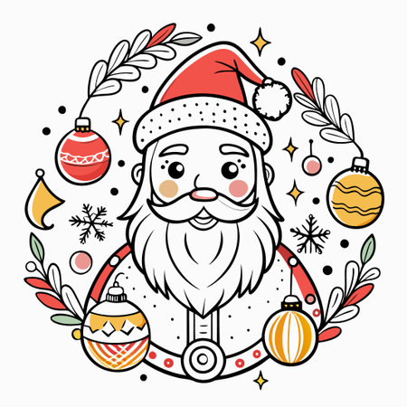 Santa Claus face with Christmas ornaments and snowflakes.のイラスト素材