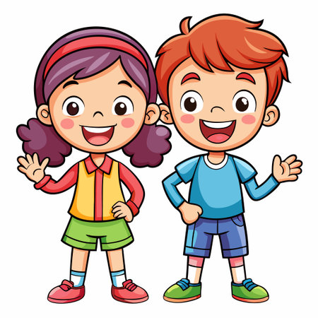 Cartoon girl and boy waving hello, isolated on white background.のイラスト素材