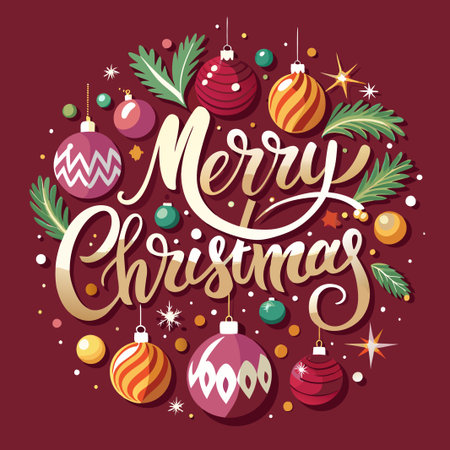 Merry Christmas greeting card with gold lettering and ornaments on a red background.のイラスト素材