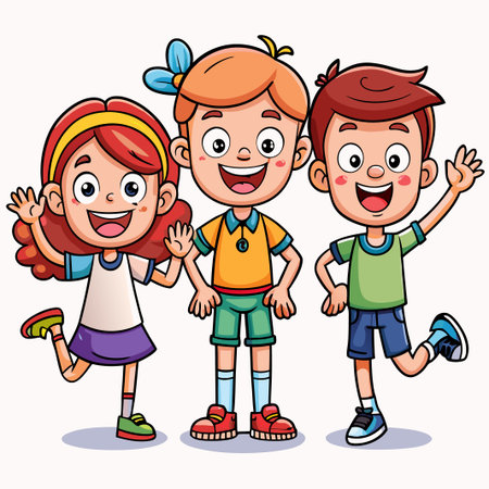 Three cheerful cartoon children smiling and waving.のイラスト素材