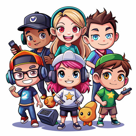 Diverse group of cartoon children wearing headsets.