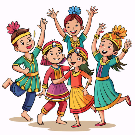 Five kids in traditional Indian outfits dancing together, smiling and happy.のイラスト素材