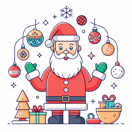 Cheerful Santa Claus surrounded by Christmas ornaments, a tree, gifts, and a snowflake.のイラスト素材