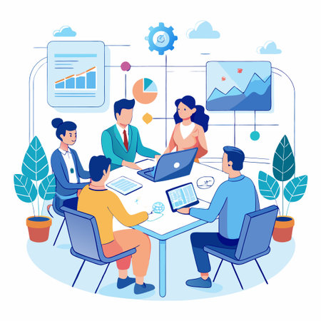 A team of four business people collaborating on a project in a meeting room.のイラスト素材