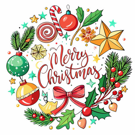 Colorful Christmas Ornament Wreath with "Merry Christmas" Written in Red.のイラスト素材