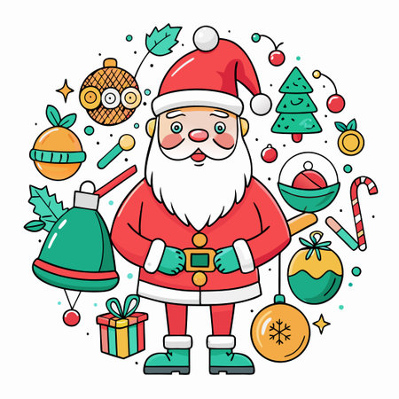 Santa Claus surrounded by Christmas ornaments, gifts, and candy canes.のイラスト素材