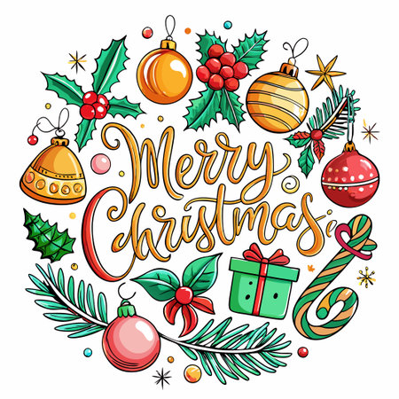 Merry Christmas greeting with ornaments, holly, gift and candy cane.のイラスト素材