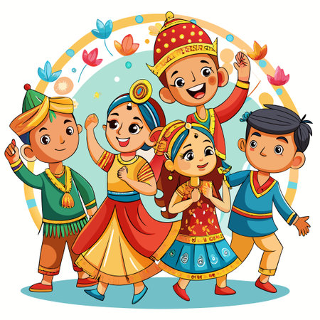 Four kids in traditional Indian clothing smile and dance together.のイラスト素材
