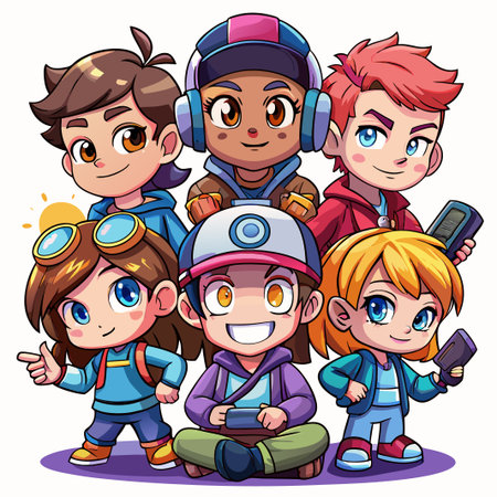 Group of five cartoon kids with different personalities playing video games.