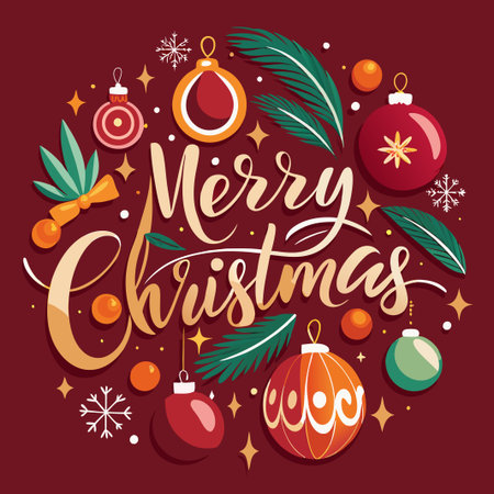 Merry Christmas greeting with baubles, bows, and pine branches on red background.のイラスト素材