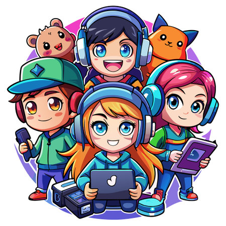 Cute cartoon characters with headphones, holding various tech devices.のイラスト素材