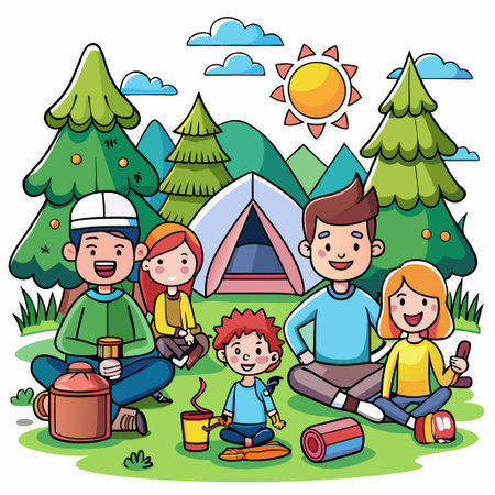 Happy family camping in a sunny forest.のイラスト素材
