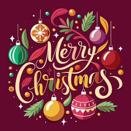 Merry Christmas greeting with baubles and leaves on a burgundy background.のイラスト素材