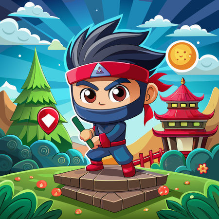 Cartoon ninja character standing on a stone platform in a fantasy world.のイラスト素材