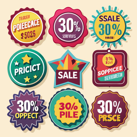 Nine colorful sale badges with different shapes and discounts.のイラスト素材