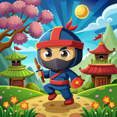 Cute ninja character running in a cartoon landscape.のイラスト素材