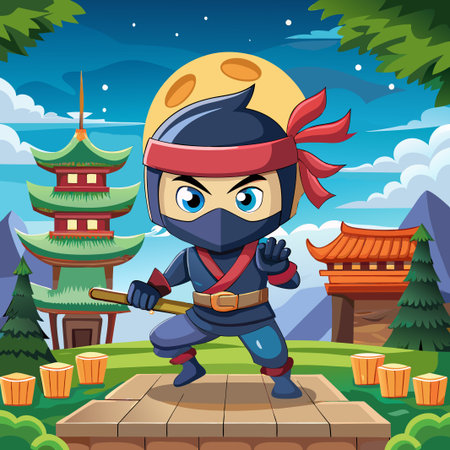 A cartoon ninja stands on a wooden platform in front of a Japanese temple.のイラスト素材