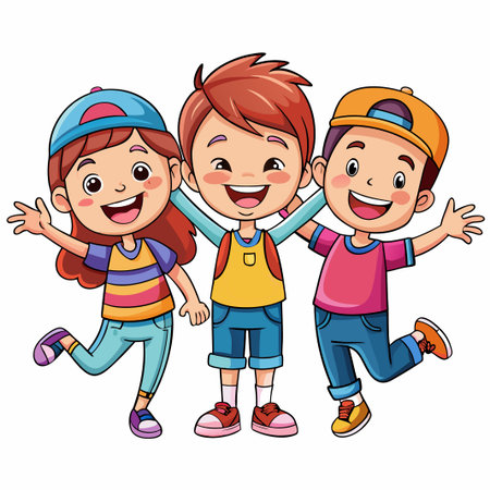 Three happy cartoon kids smiling and waving.のイラスト素材