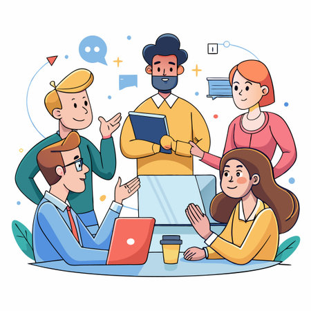 Team of colleagues are collaborating and discussing together at a meeting in the office.のイラスト素材