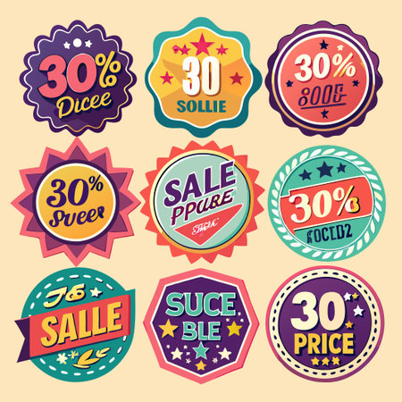 Nine colorful badges with 30% discount offers.