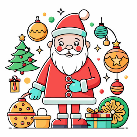 Santa Claus holding a Christmas bauble, surrounded by Christmas tree, gift, and ornaments.のイラスト素材