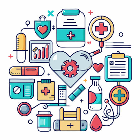 Colorful medical icons with a heart and gear.のイラスト素材