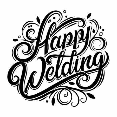 Hand-drawn calligraphy design with floral elements and the words "Happy Wedding" in black.のイラスト素材