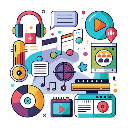 Colorful illustration of music and technology icons.のイラスト素材