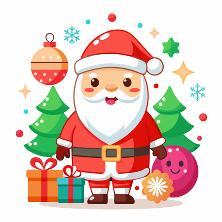 Cheerful Santa Claus with gifts and Christmas decorations.のイラスト素材