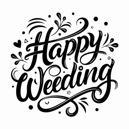 Black and white calligraphy illustration of 'Happy Wedding' with floral elements.のイラスト素材