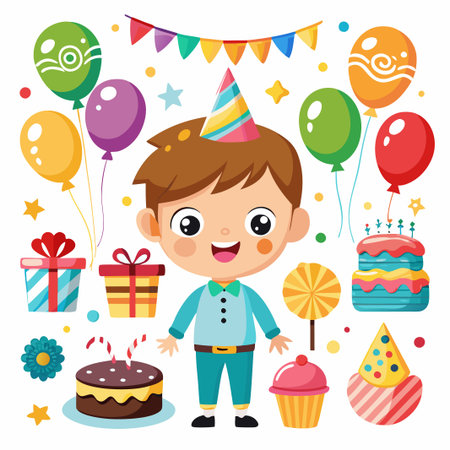 Happy boy in birthday hat surrounded by cake, balloons, presents and confetti.のイラスト素材