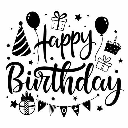 Hand drawn black and white Happy Birthday with decorations.のイラスト素材